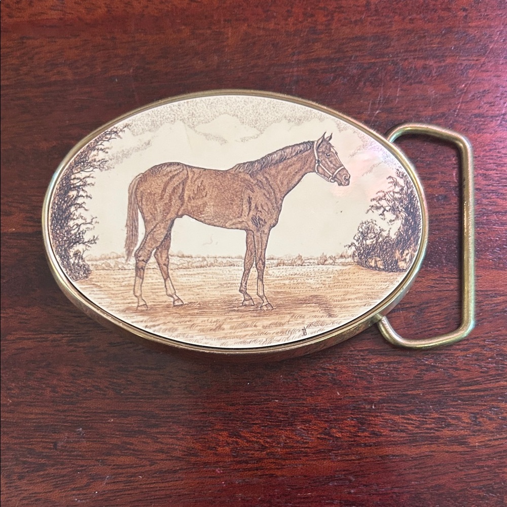 Barlow Vintage Rare Scrimshaw Solid Brass Horse Buckle
